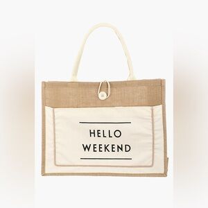 Hello Weekend Burlap Tote Bag
( White & Tan)